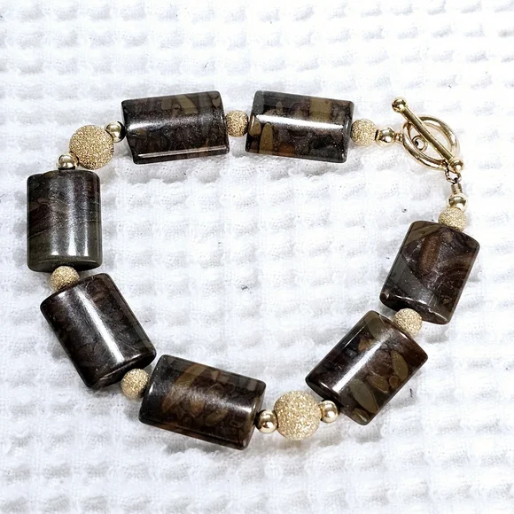 Vintage 14KGP Gold and Brown Jasper Gemstone Beaded Bracelet - Picture 1 of 15